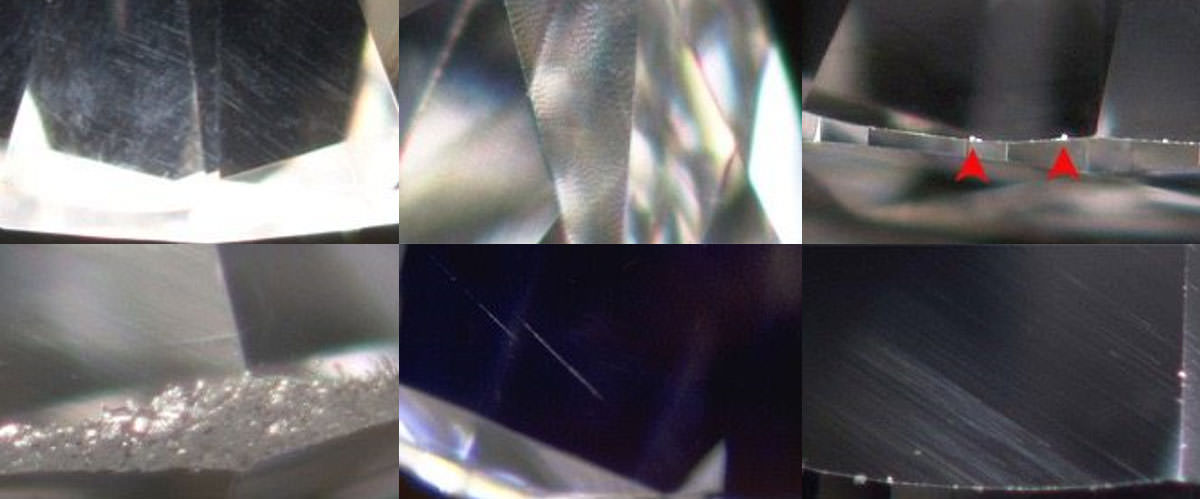 鑽石切工-打磨，上圖是各式各樣的鑽石表面拋光痕跡，這是用儀器放大100倍下的圖，平常小伙伴用10倍率放大鏡，除了左下那一個很誇張的其他根本看不出來