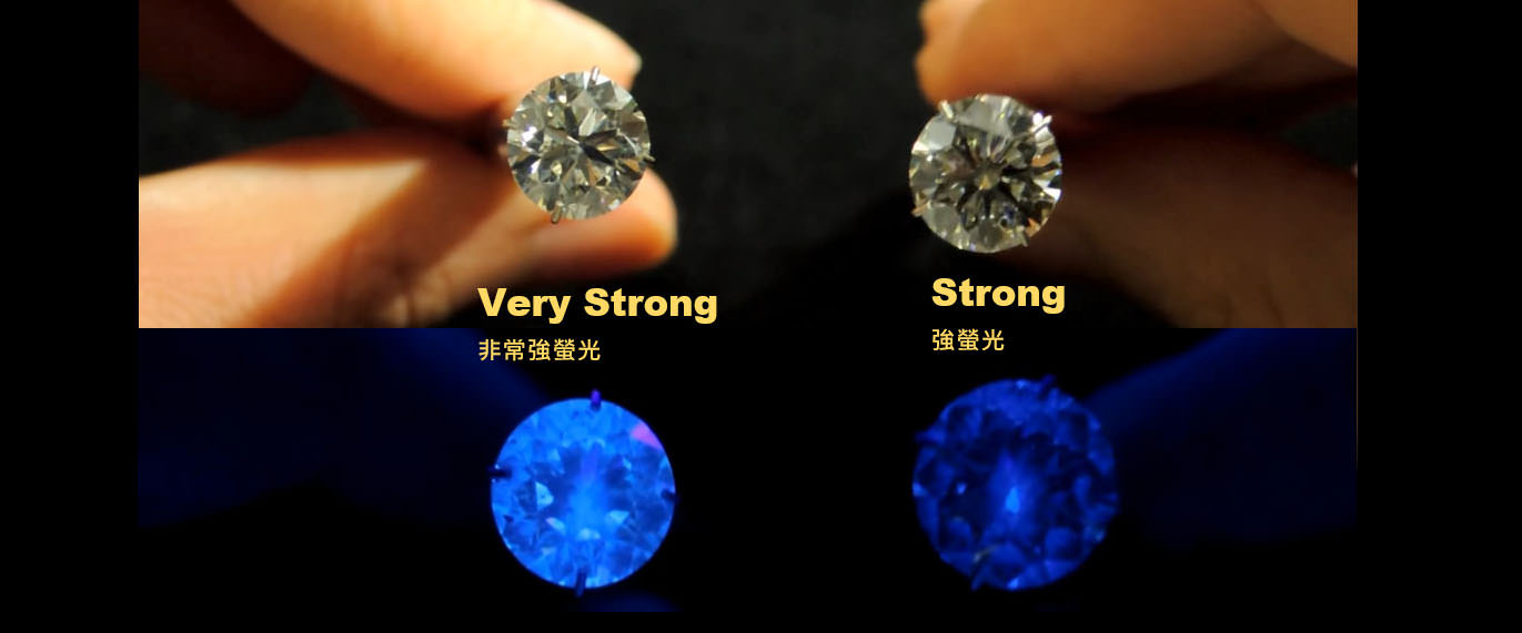 2顆都是 J 色的鑽石，一個Strong（強螢光）．Very Strong（非常強螢光），鑽戒太太用遮光罩的方式去掉大部份的外來光源，2顆看起來是不是差不多